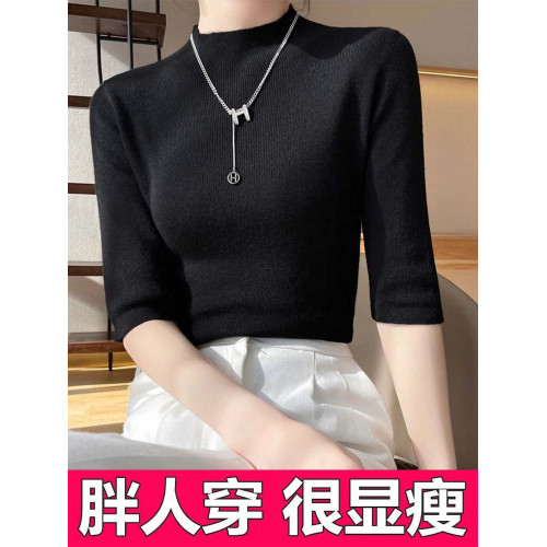 2025新款秋季半高領中袖針織衫女大碼寬松胖mm五分袖打底衫上衣