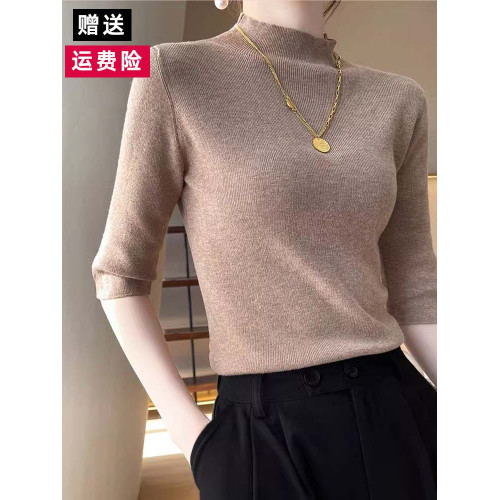 2025新款秋季半高領中袖針織衫女大碼寬松胖mm五分袖打底衫上衣
