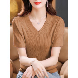 夏裝薄款內搭V領純色冰絲短袖針織衫女韓版寬松打底衫上衣百搭薄