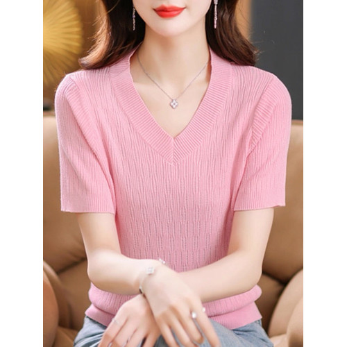 夏裝薄款內搭V領純色冰絲短袖針織衫女韓版寬松打底衫上衣百搭薄