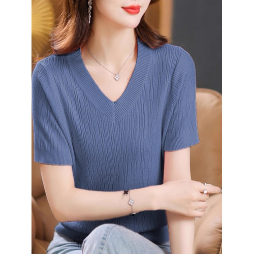 夏裝薄款內搭V領純色冰絲短袖針織衫女韓版寬松打底衫上衣百搭薄