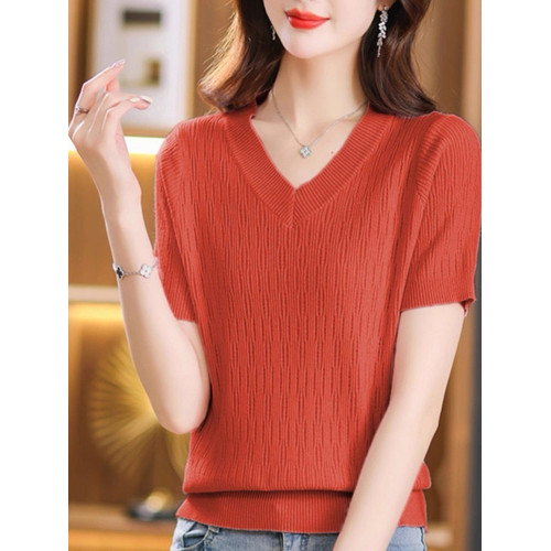 夏裝薄款內搭V領純色冰絲短袖針織衫女韓版寬松打底衫上衣百搭薄