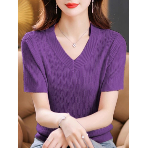 夏裝薄款內搭V領純色冰絲短袖針織衫女韓版寬松打底衫上衣百搭薄