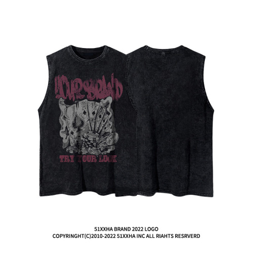 美式復古vintage撲克印花水洗做舊坎肩背心男夏季潮牌寬松無袖T恤