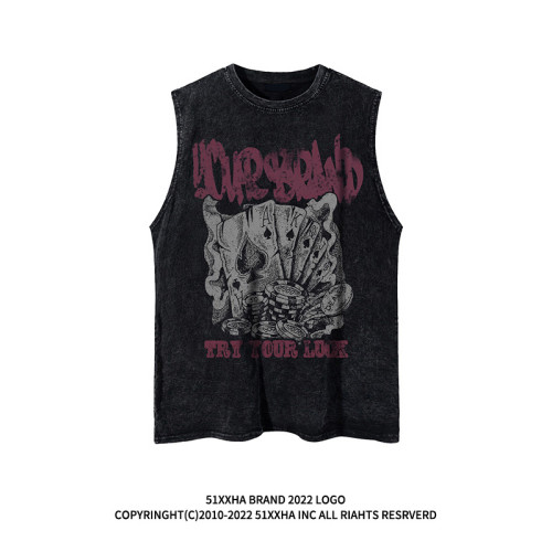 美式復古vintage撲克印花水洗做舊坎肩背心男夏季潮牌寬松無袖T恤