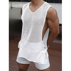 2025夏季新款男裝時尚寬松鏤空側邊綁帶休閒背心性感男士針織衫