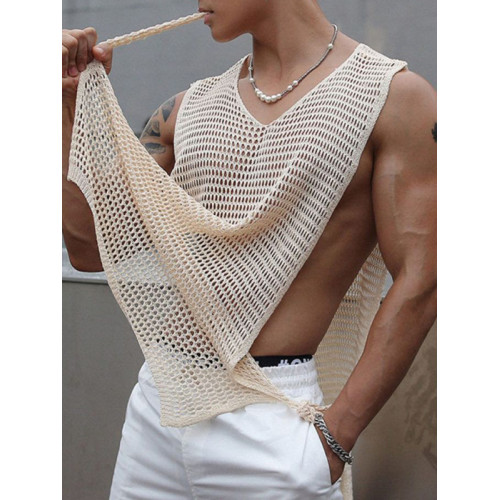 2025夏季新款男裝時尚寬松鏤空側邊綁帶休閒背心性感男士針織衫