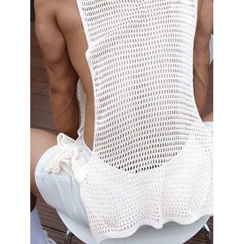 2025夏季新款男裝時尚寬松鏤空側邊綁帶休閒背心性感男士針織衫