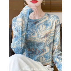 女套頭長袖薄款打底衫2025春秋冬天絲水墨畫內搭針織衫圓領上衣