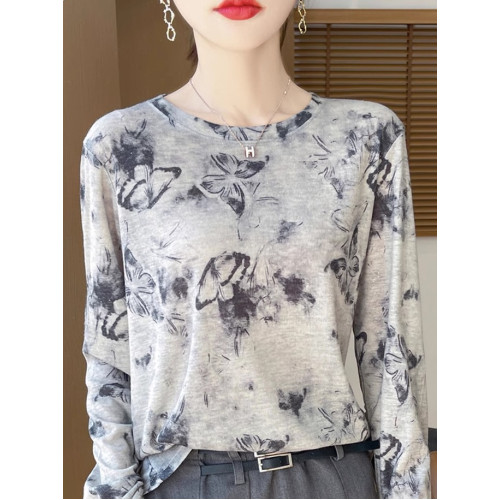 女套頭長袖薄款打底衫2025春秋冬天絲水墨畫內搭針織衫圓領上衣