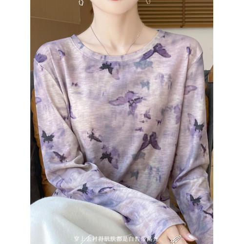 女套頭長袖薄款打底衫2025春秋冬天絲水墨畫內搭針織衫圓領上衣