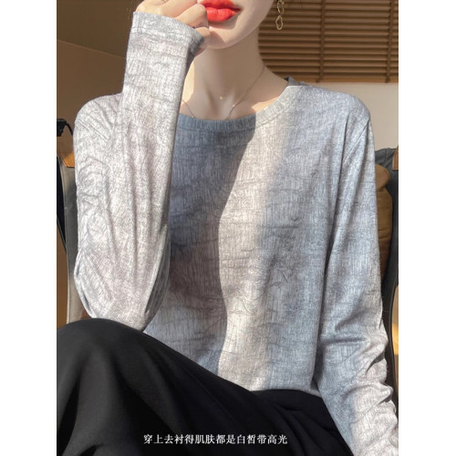 女套頭長袖薄款打底衫2025春秋冬天絲水墨畫內搭針織衫圓領上衣