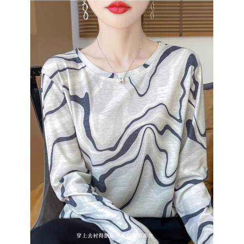 女套頭長袖薄款打底衫2025春秋冬天絲水墨畫內搭針織衫圓領上衣