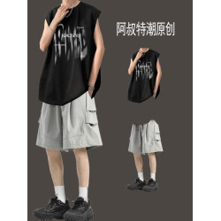 夏季背心無袖t恤男裝兩件套裝坎肩休閒運動搭配工裝短褲薄款痞帥