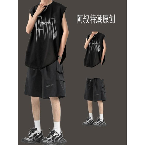 夏季背心無袖t恤男裝兩件套裝坎肩休閒運動搭配工裝短褲薄款痞帥