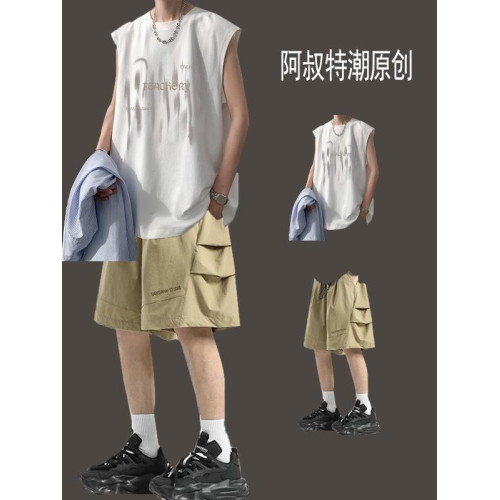 夏季背心無袖t恤男裝兩件套裝坎肩休閒運動搭配工裝短褲薄款痞帥