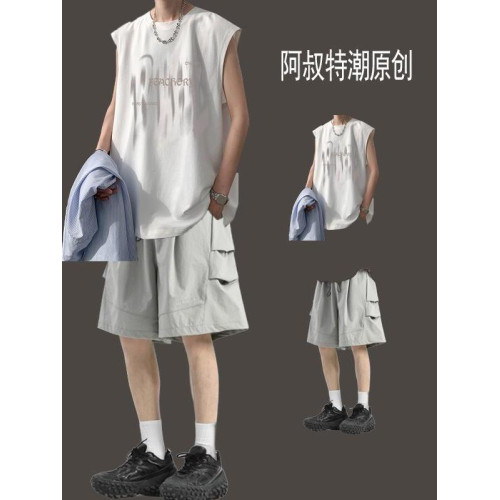 夏季背心無袖t恤男裝兩件套裝坎肩休閒運動搭配工裝短褲薄款痞帥