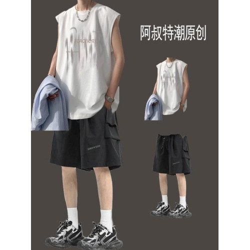 夏季背心無袖t恤男裝兩件套裝坎肩休閒運動搭配工裝短褲薄款痞帥