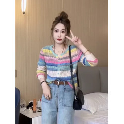 打底衫2024夏季新款歐貨爆款小衫彩虹撞色條紋冰絲長袖針織衫上衣