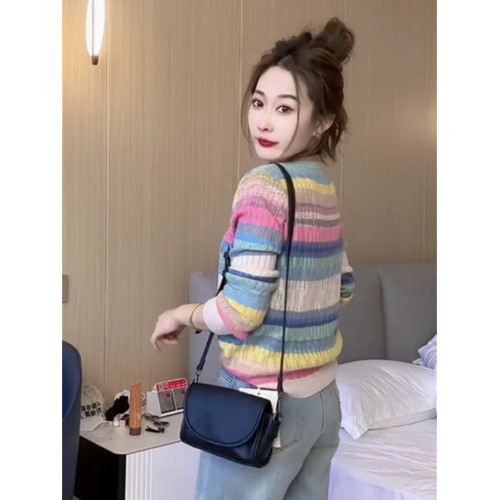 打底衫2024夏季新款歐貨爆款小衫彩虹撞色條紋冰絲長袖針織衫上衣