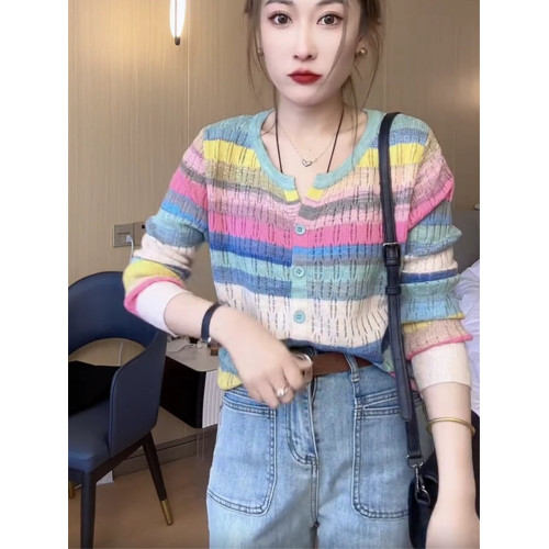 打底衫2024夏季新款歐貨爆款小衫彩虹撞色條紋冰絲長袖針織衫上衣