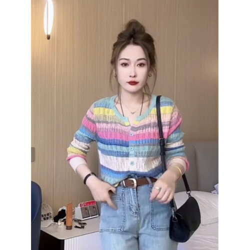 打底衫2024夏季新款歐貨爆款小衫彩虹撞色條紋冰絲長袖針織衫上衣