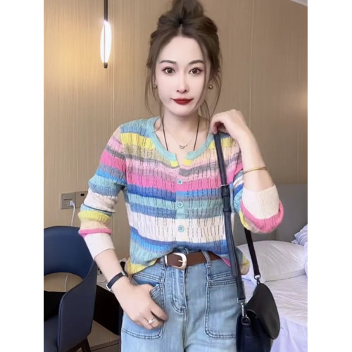 打底衫2024夏季新款歐貨爆款小衫彩虹撞色條紋冰絲長袖針織衫上衣