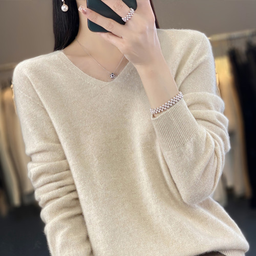 100%羊毛衫女v領毛衣女秋季新款低領打底衫套頭針織羊毛衫上衣女