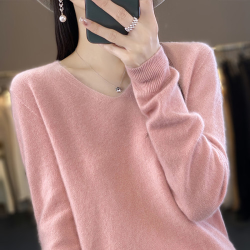 100%羊毛衫女v領毛衣女秋季新款低領打底衫套頭針織羊毛衫上衣女
