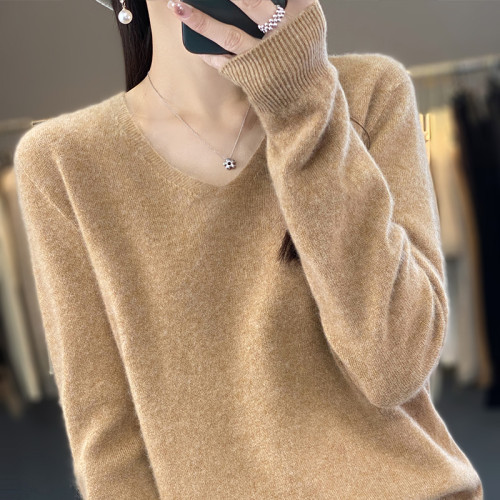 100%羊毛衫女v領毛衣女秋季新款低領打底衫套頭針織羊毛衫上衣女
