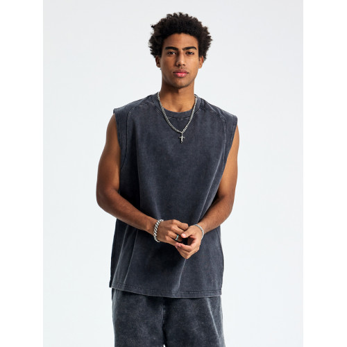 美式潮牌寬松寬肩重磅蠟染做舊運動健身圓領無袖T恤背心男坎肩夏