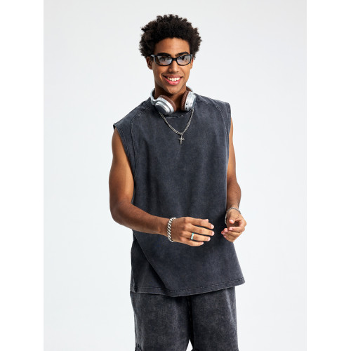 美式潮牌寬松寬肩重磅蠟染做舊運動健身圓領無袖T恤背心男坎肩夏