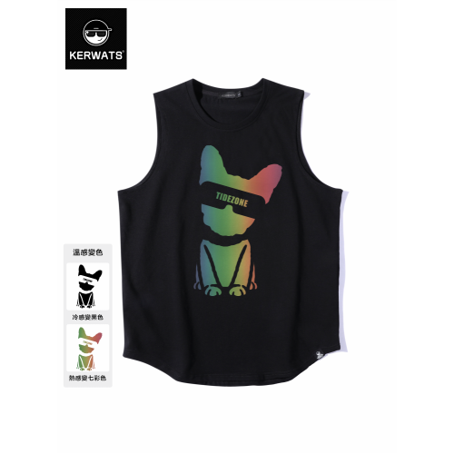 KERWATS夏季溫變七彩小狗印花無袖t恤寬松休閒男女圓領吸汗背心潮