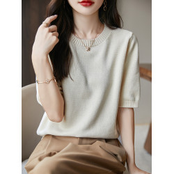 簡約純棉圓領針織衫短袖女寬松春秋冬加厚內搭半袖毛衣中袖打底衫