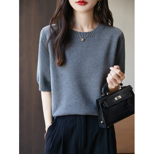 簡約純棉圓領針織衫短袖女寬松春秋冬加厚內搭半袖毛衣中袖打底衫