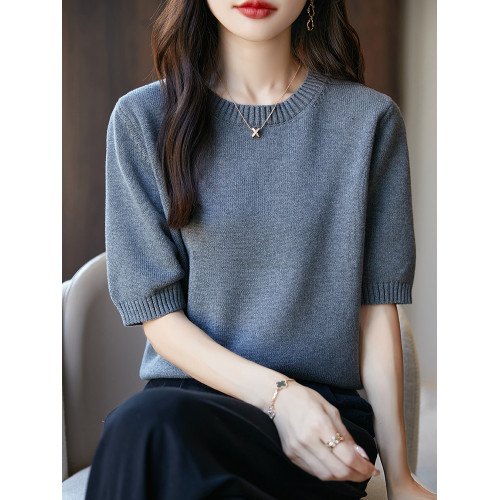 簡約純棉圓領針織衫短袖女寬松春秋冬加厚內搭半袖毛衣中袖打底衫