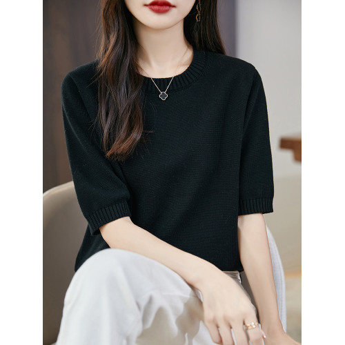 簡約純棉圓領針織衫短袖女寬松春秋冬加厚內搭半袖毛衣中袖打底衫