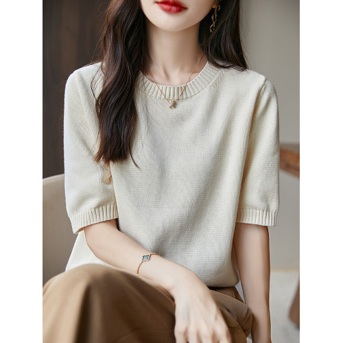 簡約純棉圓領針織衫短袖女寬松春秋冬加厚內搭半袖毛衣中袖打底衫