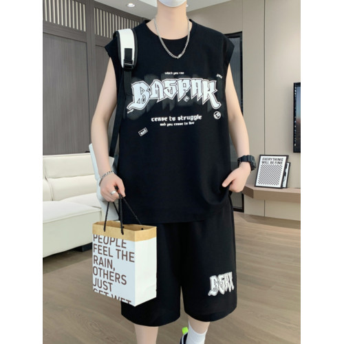 夏季新款無袖t恤男孩大童男裝初高中學生運動青少年休閒背心套裝