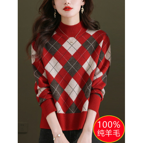 半高領女士毛衣100純羊毛衫秋冬打底衫菱形格子上衣內搭針織衫厚