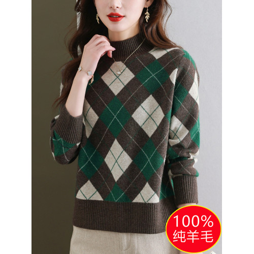 半高領女士毛衣100純羊毛衫秋冬打底衫菱形格子上衣內搭針織衫厚