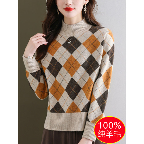 半高領女士毛衣100純羊毛衫秋冬打底衫菱形格子上衣內搭針織衫厚