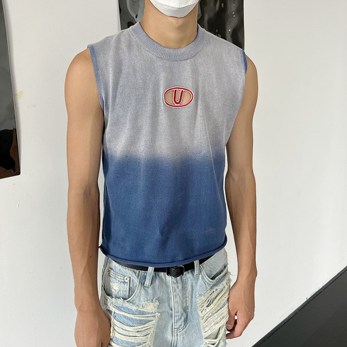 乜Q美式漸變色做舊牛仔色鏤空無袖針織背心ins男小衆紥染設計T恤 乜Q美式漸變色做舊牛仔色鏤空無袖針織背心ins男小衆紥染設計T恤