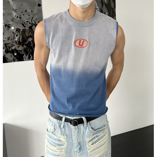 乜Q美式漸變色做舊牛仔色鏤空無袖針織背心ins男小衆紥染設計T恤 乜Q美式漸變色做舊牛仔色鏤空無袖針織背心ins男小衆紥染設計T恤