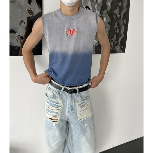 乜Q美式漸變色做舊牛仔色鏤空無袖針織背心ins男小衆紥染設計T恤 乜Q美式漸變色做舊牛仔色鏤空無袖針織背心ins男小衆紥染設計T恤