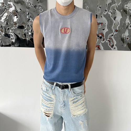 乜Q美式漸變色做舊牛仔色鏤空無袖針織背心ins男小衆紥染設計T恤 乜Q美式漸變色做舊牛仔色鏤空無袖針織背心ins男小衆紥染設計T恤