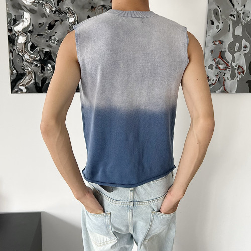 乜Q美式漸變色做舊牛仔色鏤空無袖針織背心ins男小衆紥染設計T恤 乜Q美式漸變色做舊牛仔色鏤空無袖針織背心ins男小衆紥染設計T恤