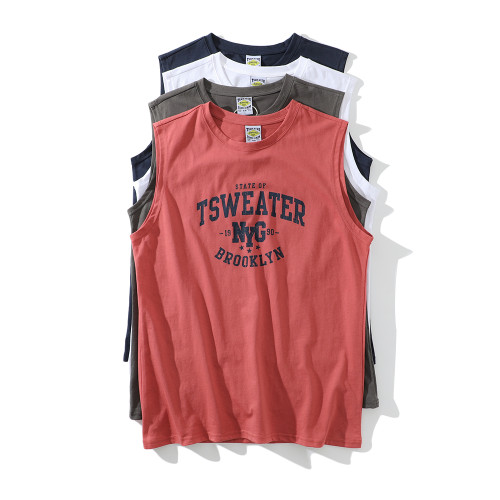 美式純棉背心男夏季薄款外穿休閒寬松印花無袖坎肩運動健身上衣潮