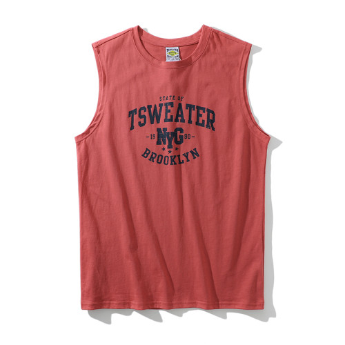 美式純棉背心男夏季薄款外穿休閒寬松印花無袖坎肩運動健身上衣潮