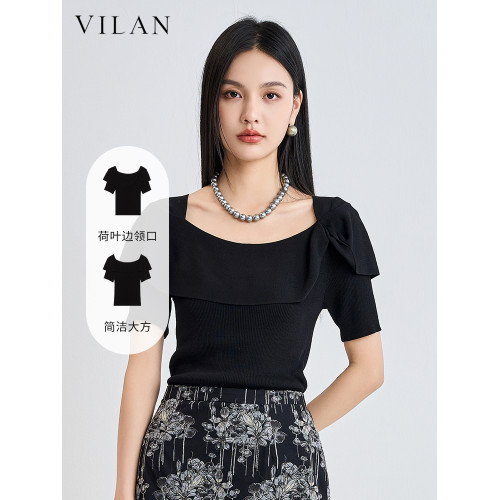 vilan/慧蘭針織衫女2025夏季新款通勤顯瘦方領短袖打底衫上衣